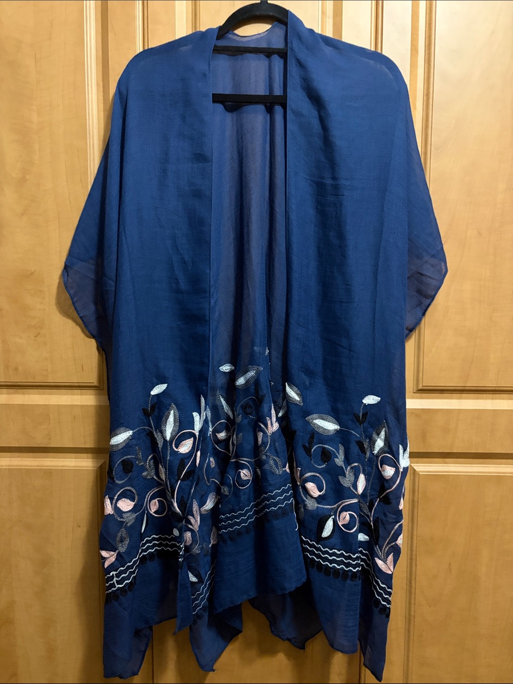 Navy Embroidered Open-Front Kimono Cape